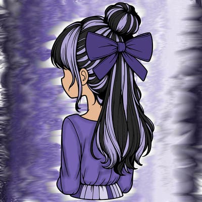 realistic girl  with hip length hair a bun and a big bow on the back of head