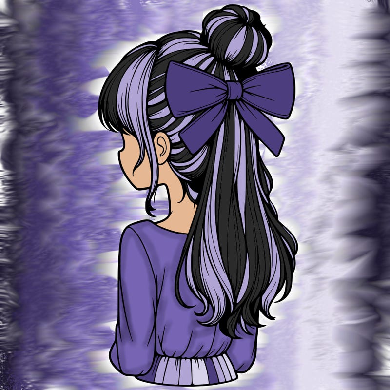 realistic girl  with hip length hair a bun and a big bow on the back of head