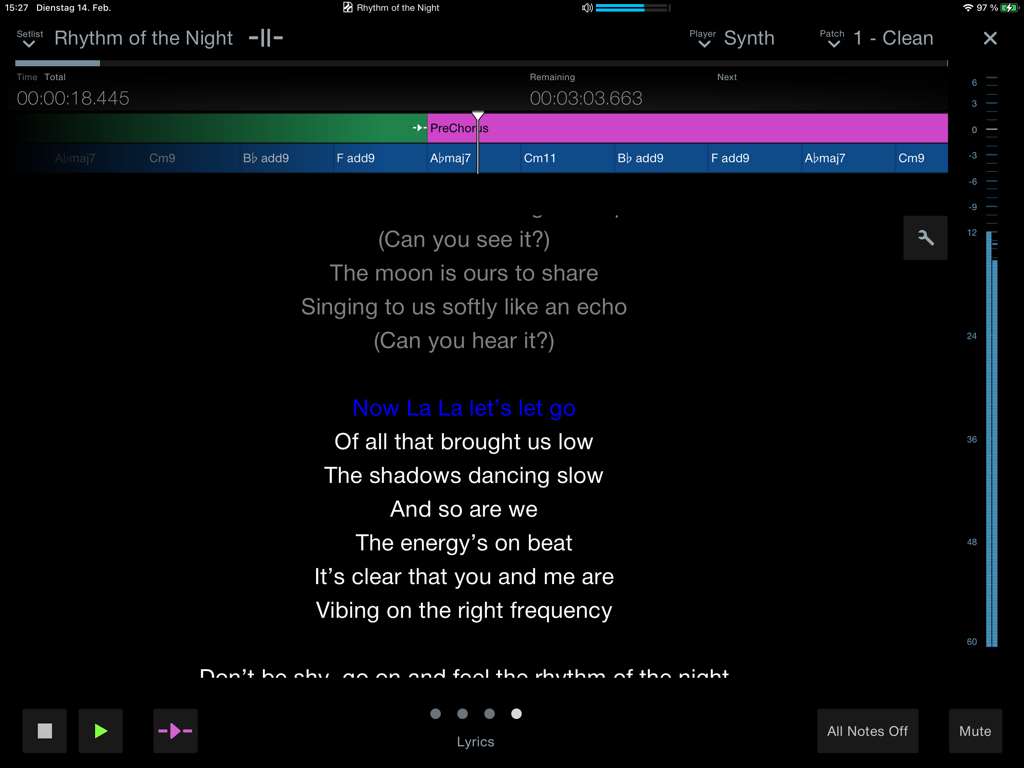Studio Pro Remote app interface showing song lyrics and chords for live performance