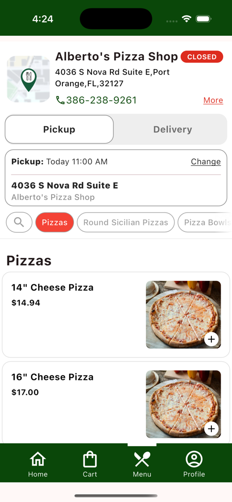 Menu screen of Alberto's Pizza Shop app showing cheese pizza options and prices
