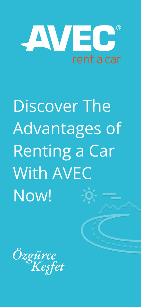 AVEC rent a car - Écran d'accueil de l'application AVEC rent a car avec le slogan découvrez les avantages de louer une voiture dès maintenant sur un fond bleu