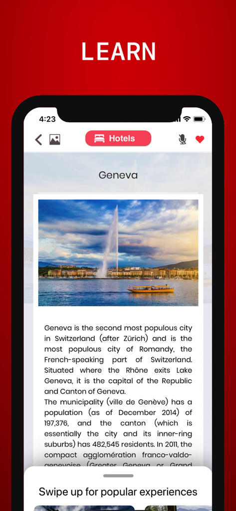 A screenshot of the Switzerland Travel Guide app showing a detailed description and photo of Geneva