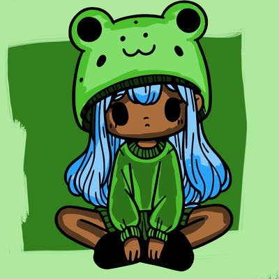 a girl wearing a frog hat and some frog socks