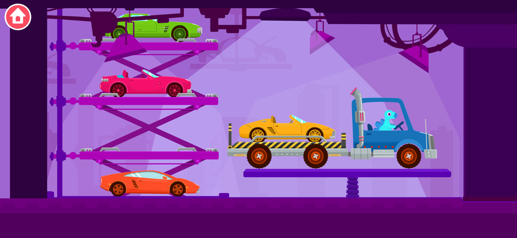 Ein blauer LKW, gefahren von einem Dinosaurier, transportiert ein gelbes Auto in einer mehrstöckigen Garage mit bunten Sportwagen.