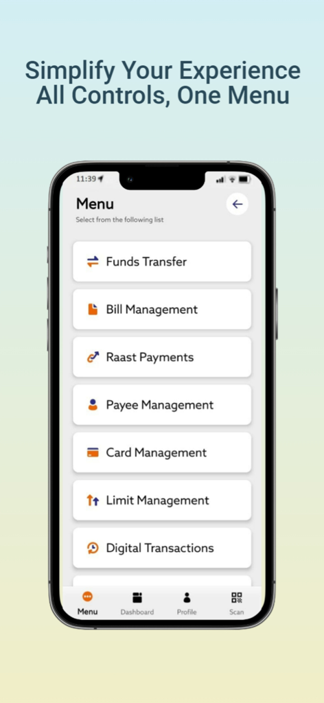 BOK Digital - Menú de la aplicación BOK Digital que muestra opciones para transferencia de fondos, gestión de facturas y pagos Raast