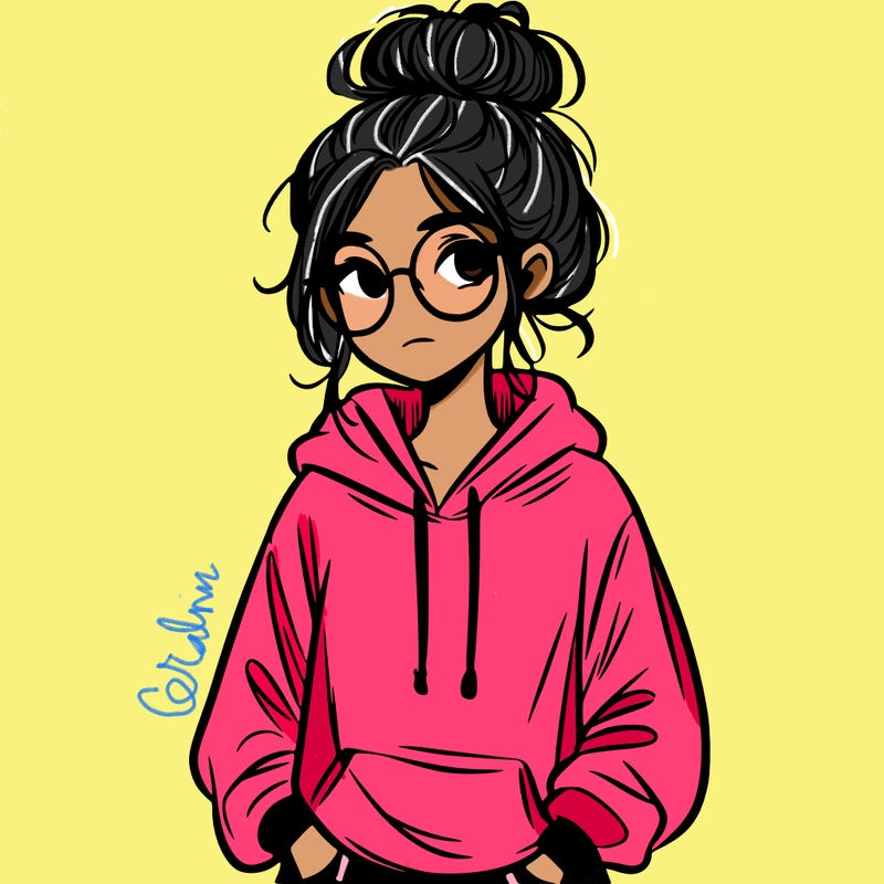 teen girl with a messy bun and glasses wearing a loose hoodie and jeans