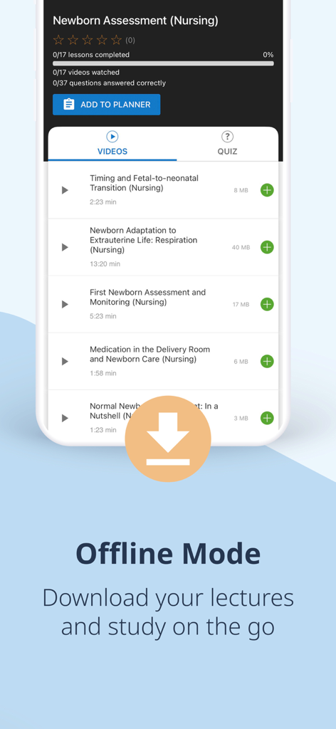 Écran de l'application Lecturio Nursing montrant la fonctionnalité de mode hors ligne pour télécharger des leçons vidéo et étudier en déplacement.