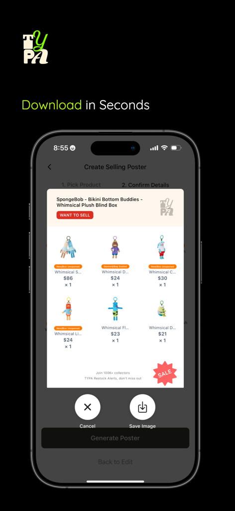 TYPA - Restock Alerts - TYPA app interface showing the selling poster generation tool for SpongeBob collectible plushies