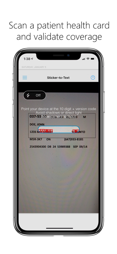 La schermata di un telefono cellulare che mostra la funzione Sticker-to-Text dell'app MDBilling.ca che scansiona una tessera sanitaria di un paziente.