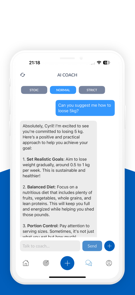 Achieve Me - Life Goals - AI Coach chat interface in the Achieve Me app providing weight loss tips and goal settings