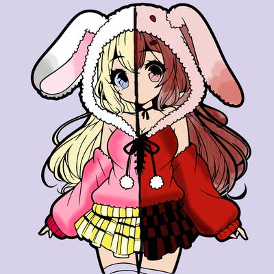 pretty anime girl wearing a fluffy hoodie with bunny ears on the hood and a skirt