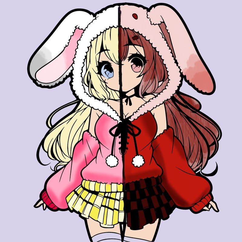 pretty anime girl wearing a fluffy hoodie with bunny ears on the hood and a skirt