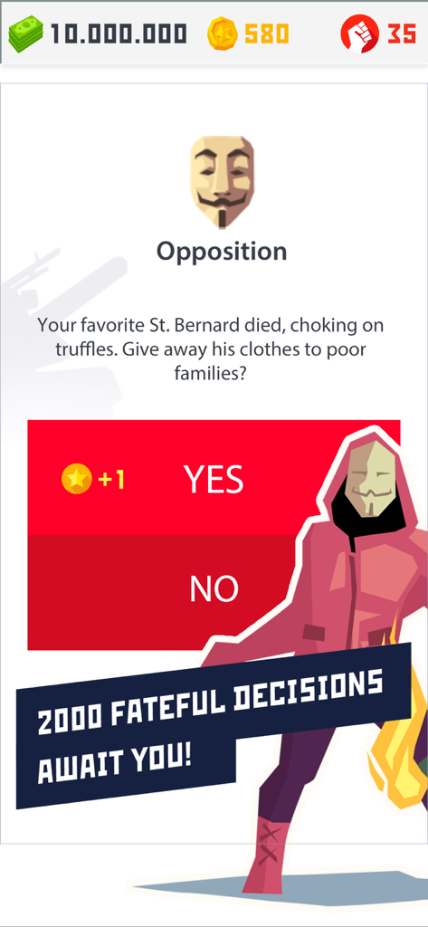 Un écran de décision stratégique dans Dictator 2 montrant un choix narratif avec des options Oui et Non et un masque de type Guy Fawkes.