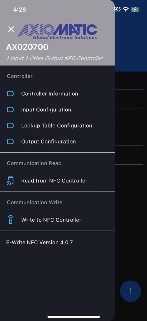 E-Write NFC - Axiomatic E-Write NFC app menu for configuring industrial controllers.