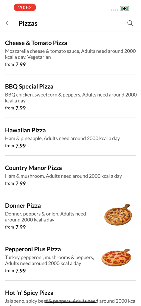 SAFS Takeaway Studley. - Pantalla de menú de la aplicación SAFS Takeaway Studley que lista varias opciones de pizza con descripciones y precios.