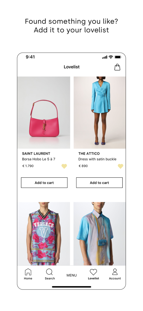 GIGLIO.COM - GIGLIO.COM 앱 찜 목록 화면에 Saint Laurent 핸드백 및 Versace 조끼와 같은 럭셔리 디자이너 의류 및 액세서리가 표시됨