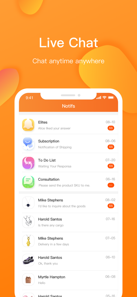 CJdropshipping - Oberfläche der CJdropshipping-App, die den Live-Chat-Bildschirm mit verschiedenen Nachrichtenbenachrichtigungen für Geschäftsinhaber zeigt