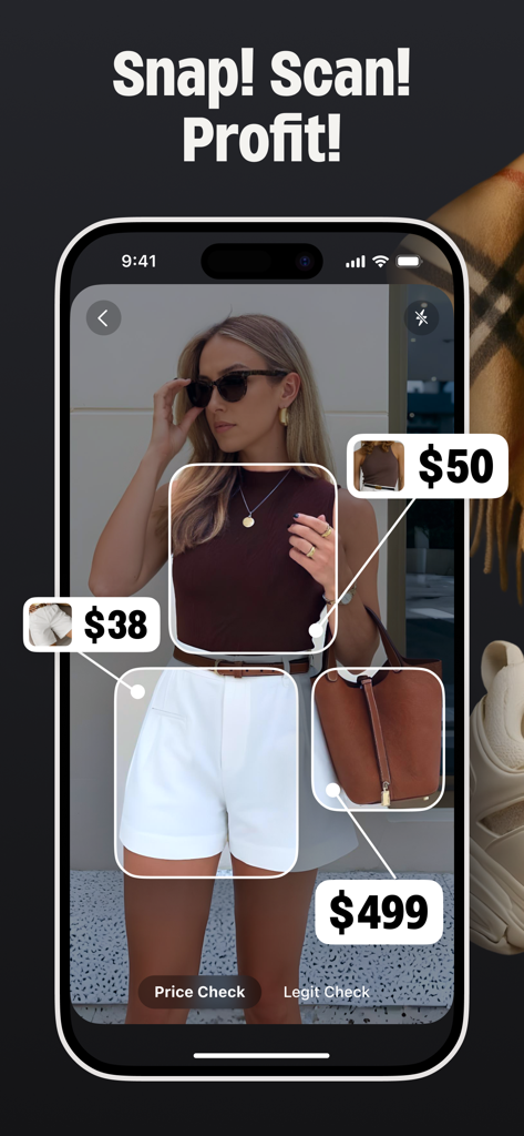 The Thrift AI－Profit Αρρ - A smartphone displaying the Thrift AI app scanning a woman's outfit with overlaying resale price estimates for her top, shorts, and handbag.