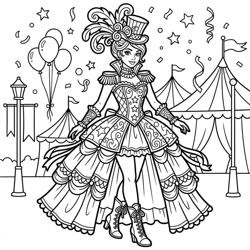 Unleash your creativity with this stunning carnival-themed womenswear coloring page. Dive into the vibrant world of circus fashion, perfect for those who love intricate details and festive designs.