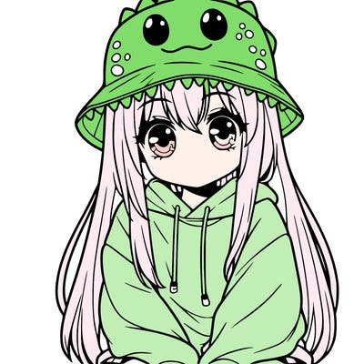 girl with anime shaped eyes with a dinosaur bucket hat oversized sweatshirt long straight hair