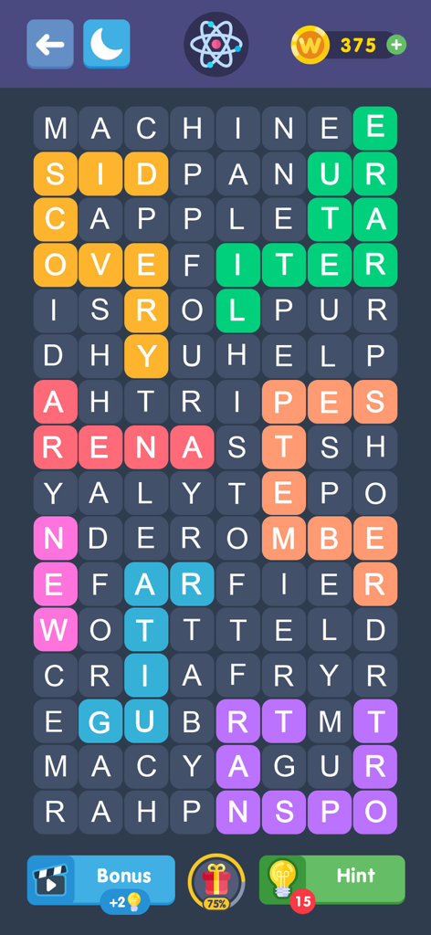 Schermata di gameplay del puzzle di ricerca di parole Fillwords che mostra una griglia di lettere con parole colorate evidenziate