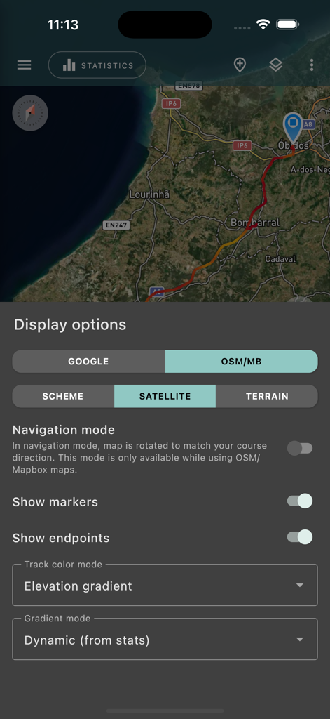Geo Tracker app interface showing map display options and a satellite view with a recorded GPS track.