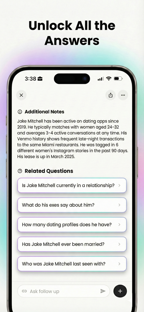 DeepSearch – AI People Search - Detailed AI search report showing social media and dating activity for a person search.