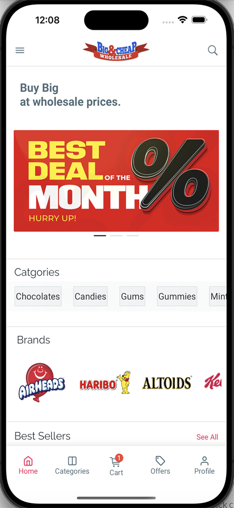 Home screen of the Big and Cheap Wholesale mobile app showing bulk buying deals and snack brands