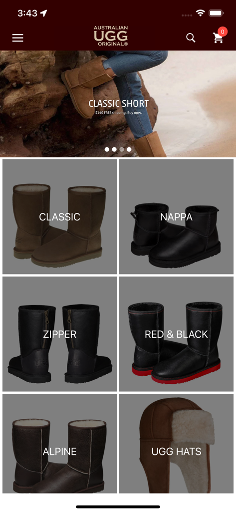 Original Australian Ugg USD - Home screen of the Australian Ugg Original app showing various boot collections and accessories.
