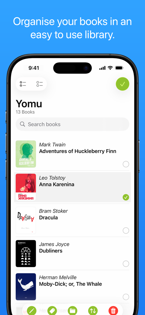 Yomu EBook Reader library interface displaying a list of curated digital books on an iPhone