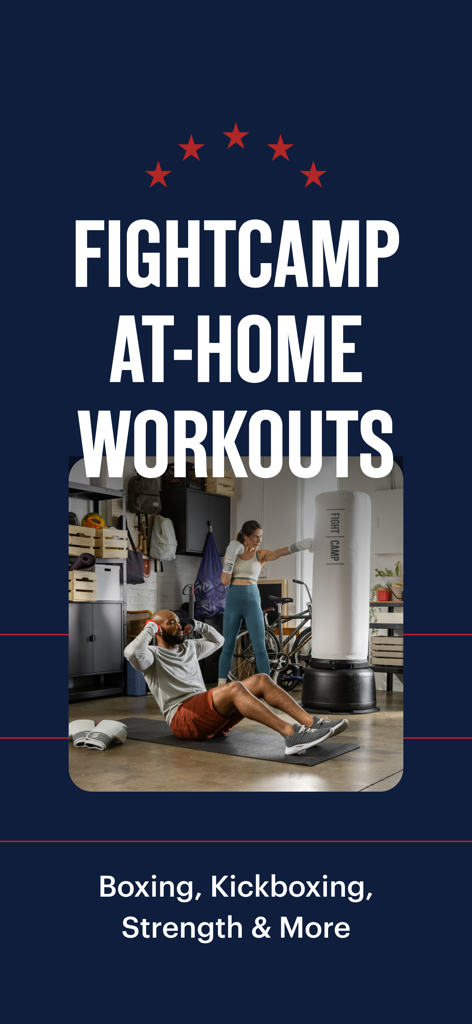 A man and woman performing boxing and strength exercises at home using the FightCamp fitness app