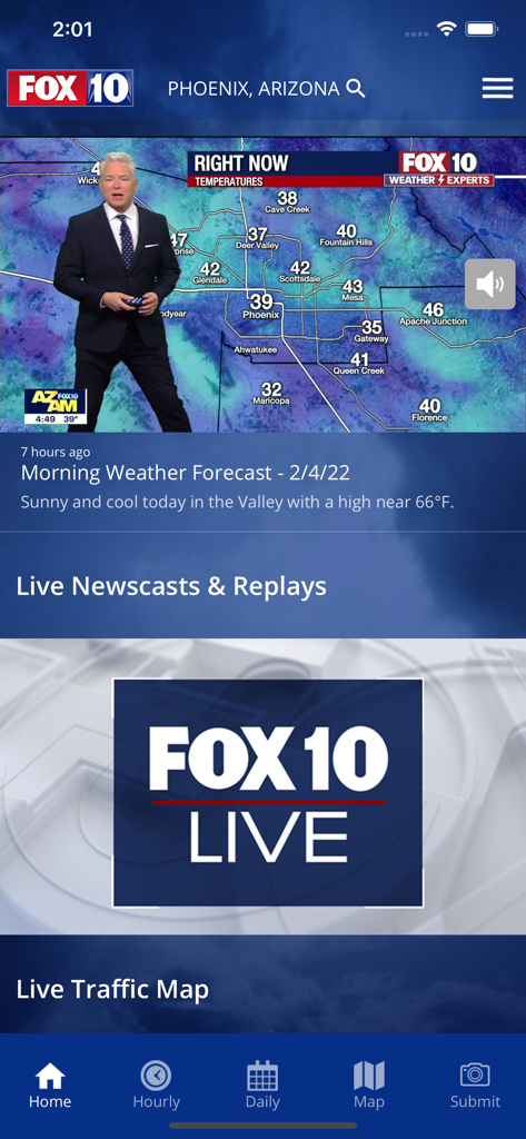 Tela inicial do aplicativo FOX 10 Phoenix Weather mostrando vídeo de previsão meteorológica local e noticiários ao vivo.