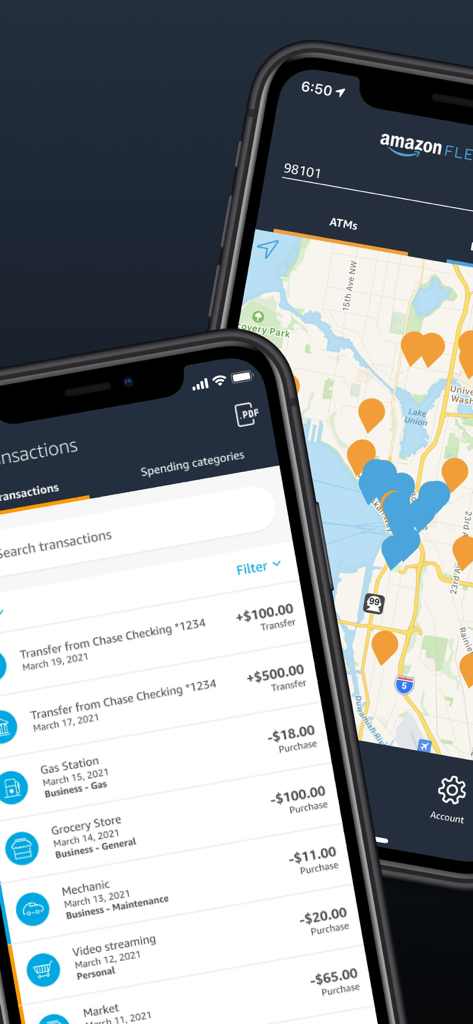 Two mobile screens of the Amazon Flex Debit Card app showing a list of recent transactions and a map with nearby ATM locations.