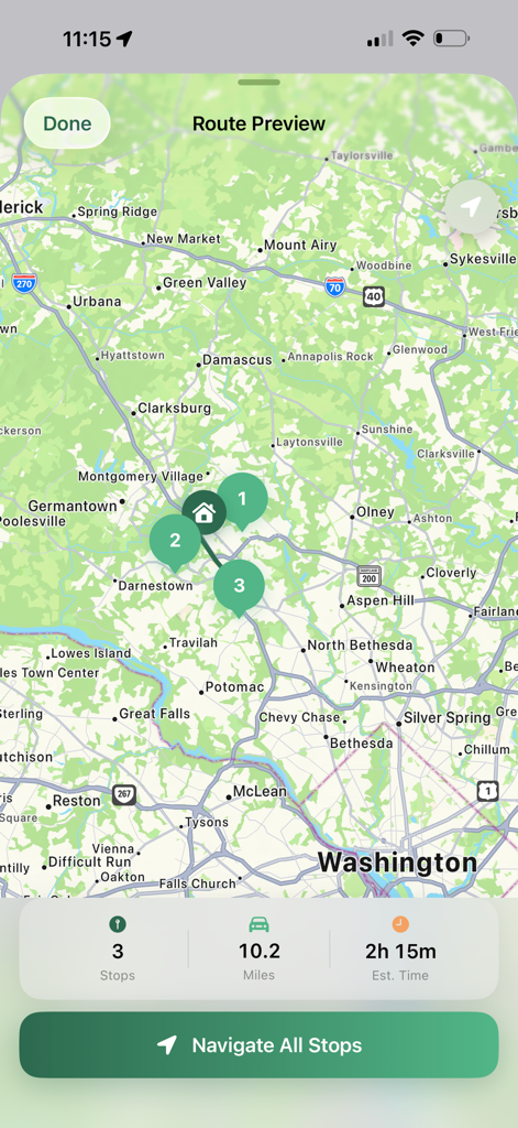 RutaVerde: Lawn Route Manager - A mobile app screen showing a map with a planned route of three stops and estimated travel time.