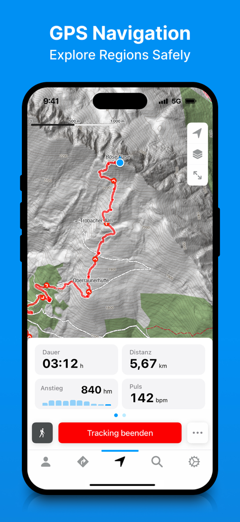 bergfex: Hiking & Tracking - bergfex app displaying a topographic map with a hiking route and real time tracking statistics