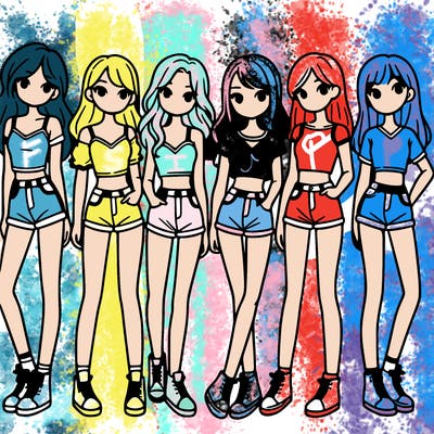 a group of girls wearing crop tops and shorts