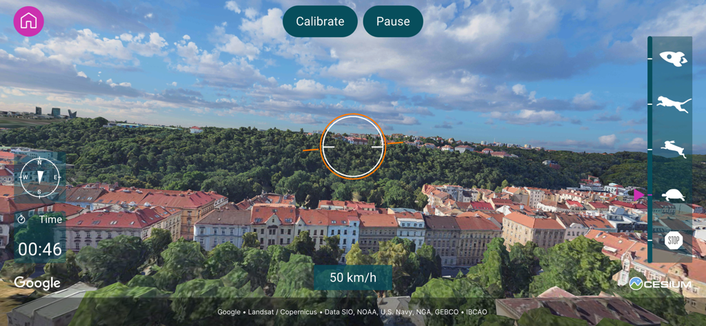 ICAROS EXPLORE - First-person view of a virtual flight over a 3D city in the ICAROS EXPLORE app featuring a fitness head-up display