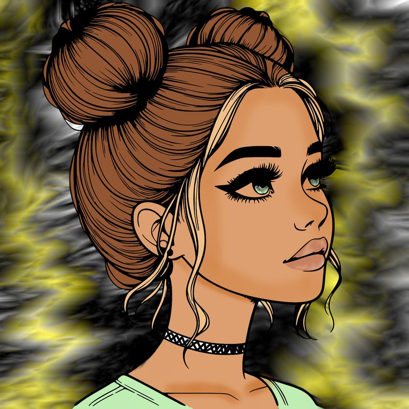 realistic girl with buns on the top of her head