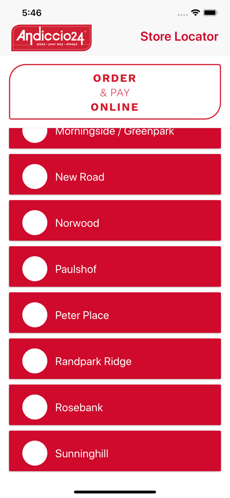Andiccio24 app store locator interface with a list of pizza store locations and an online ordering button.