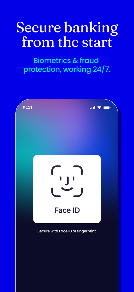 Sichere Banking-Oberfläche der Ryt Bank App mit biometrischer Face ID-Anmeldung