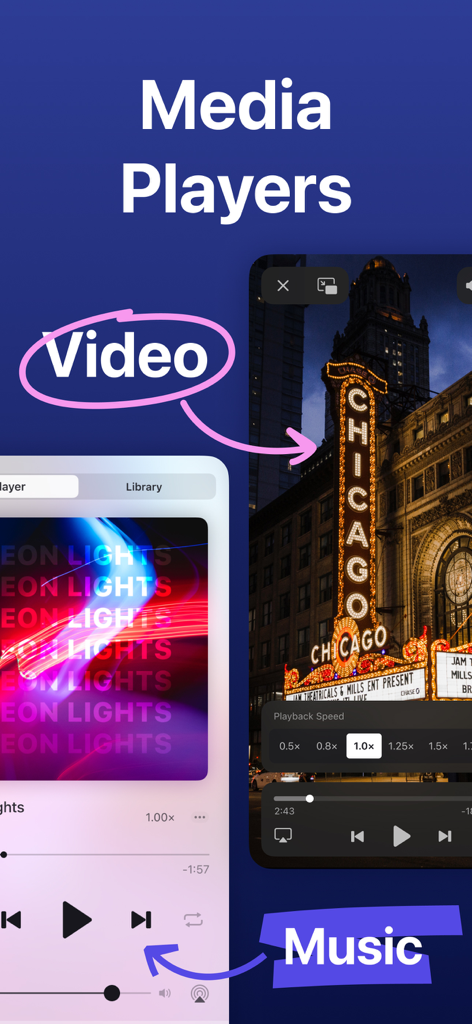 Interface of Documents by Readdle showing the integrated music and video player features for mobile productivity.