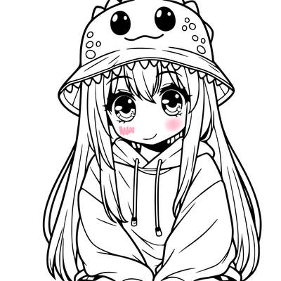 girl with anime shaped eyes with a dinosaur bucket hat oversized sweatshirt long straight hair