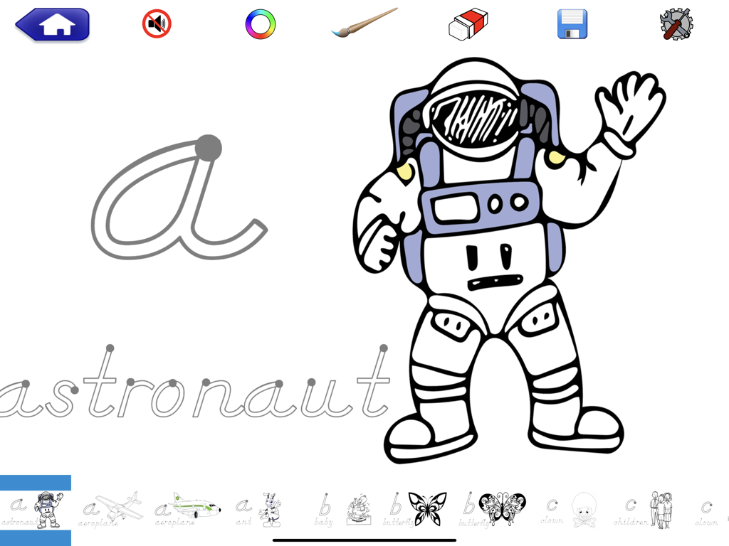 School Writing - learn the abc - Trazado de la letra cursiva 'a' y la palabra 'astronaut' en una aplicación educativa de escritura a mano para niños