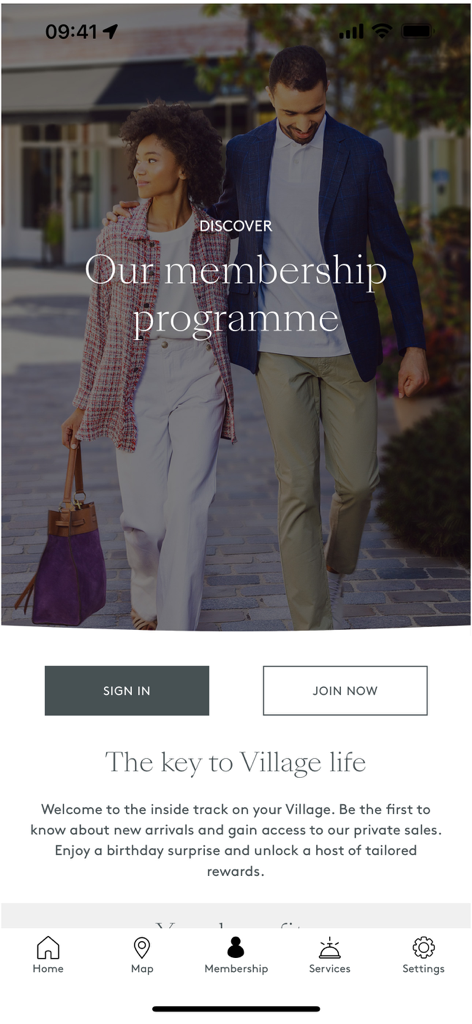 Membership program screen for the La Vallee Village app showing sign in and join options