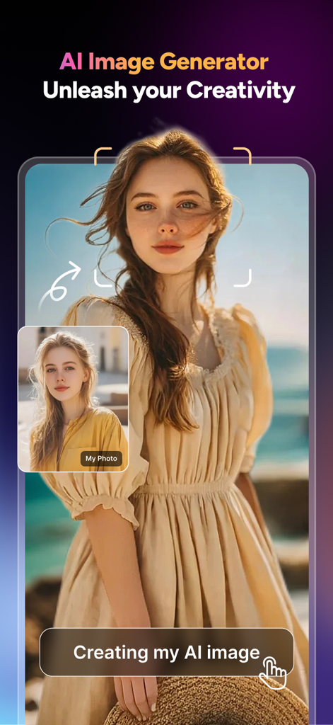 Screenshot of MagicLight app showing the AI Image Generator interface with a original photo reference and a high-quality AI generated portrait of a woman.