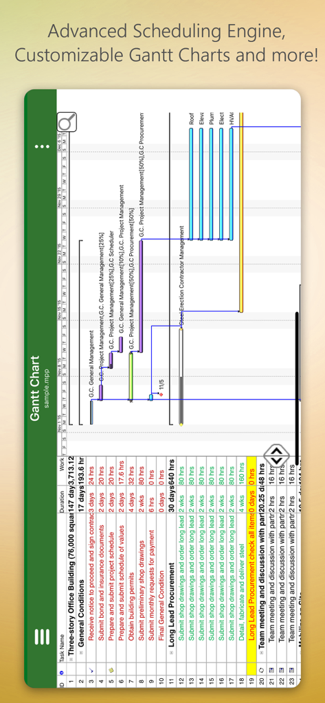 Interface mobile d'iProject Viewer montrant un diagramme de Gantt détaillé pour un projet de construction