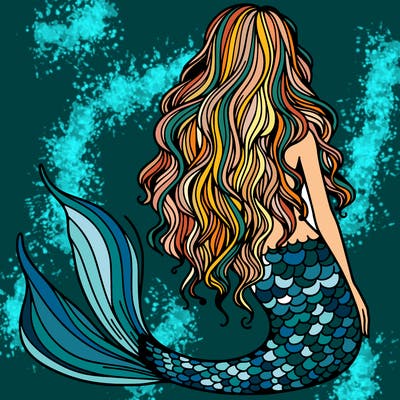 mermaid realistic with long wavy hair facing backwards