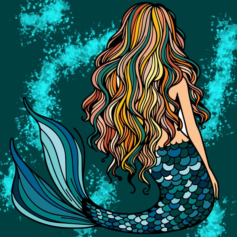 mermaid realistic with long wavy hair facing backwards