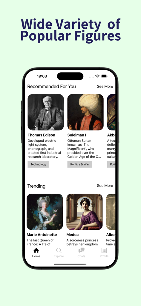 Histou: School of Greatness - Histou app home screen displaying a variety of historical figures including Thomas Edison and Marie Antoinette for interactive learning.