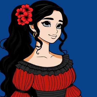 a single latina woman with a side ponytail and a long dress with ruffles. she has a few discreet flowers in her hair. realistic